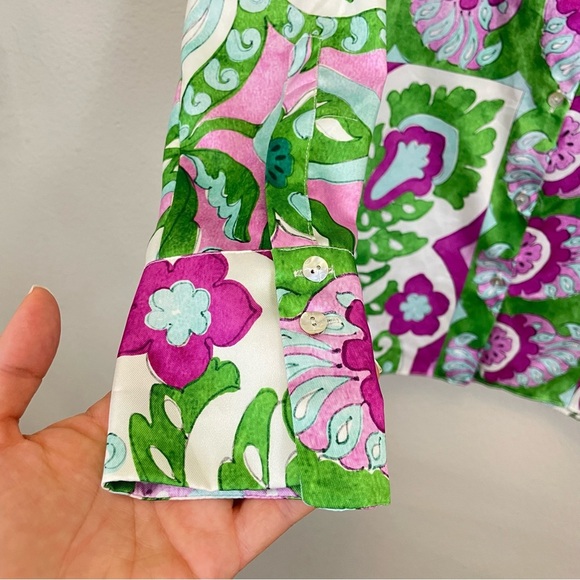 MANGO Italian Fabric Floral Satin Relaxed Button Up Shirt Green Size 4 - Picture 5 of 13